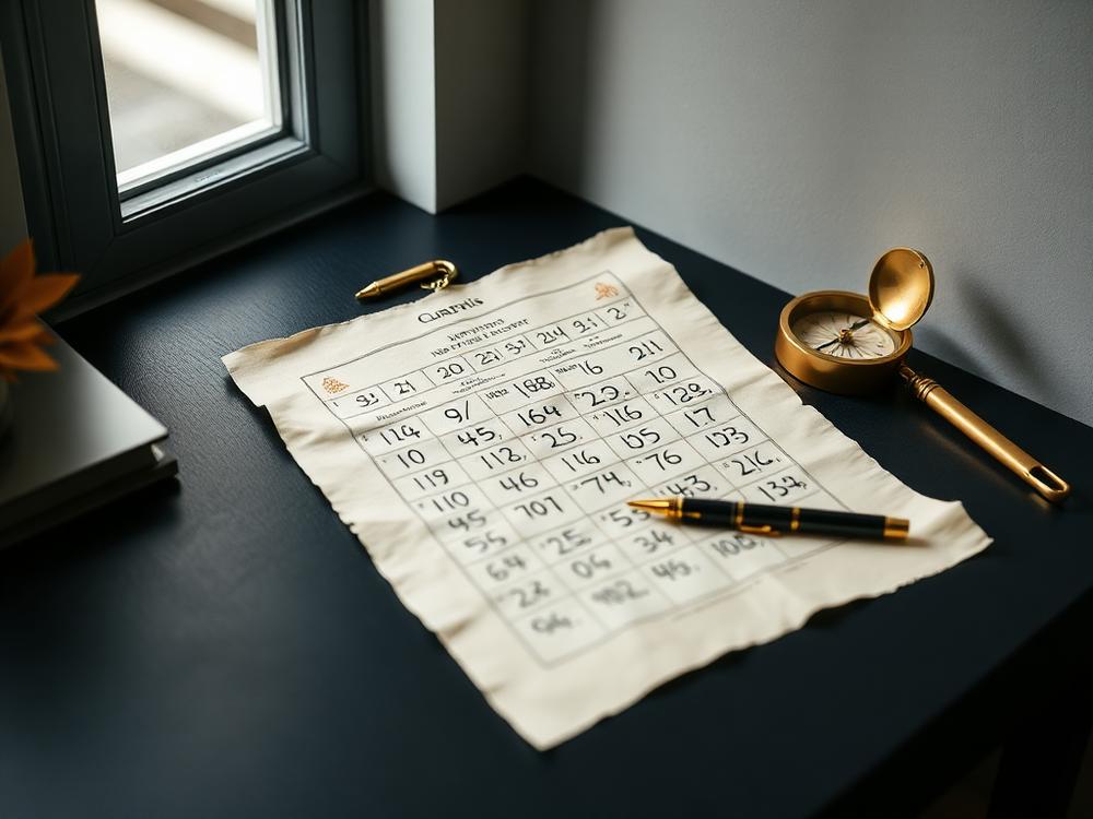 Handwritten numerology chart with a gold pen and brass compass on a dark desk