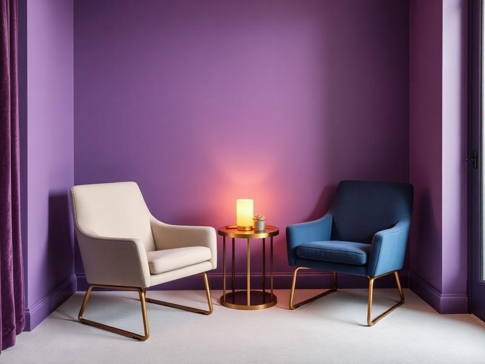 Calm consultation room with two chairs, a warm lamp and gold accents