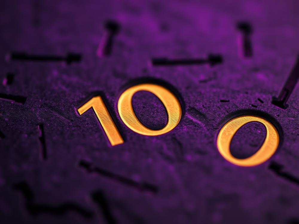 Close-up of golden numerals engraved on dark stone