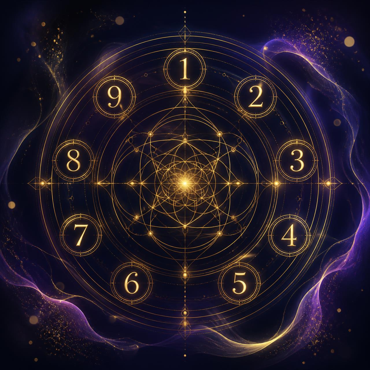 Golden sacred-geometry circle with the numerals one through nine on a midnight navy and purple background